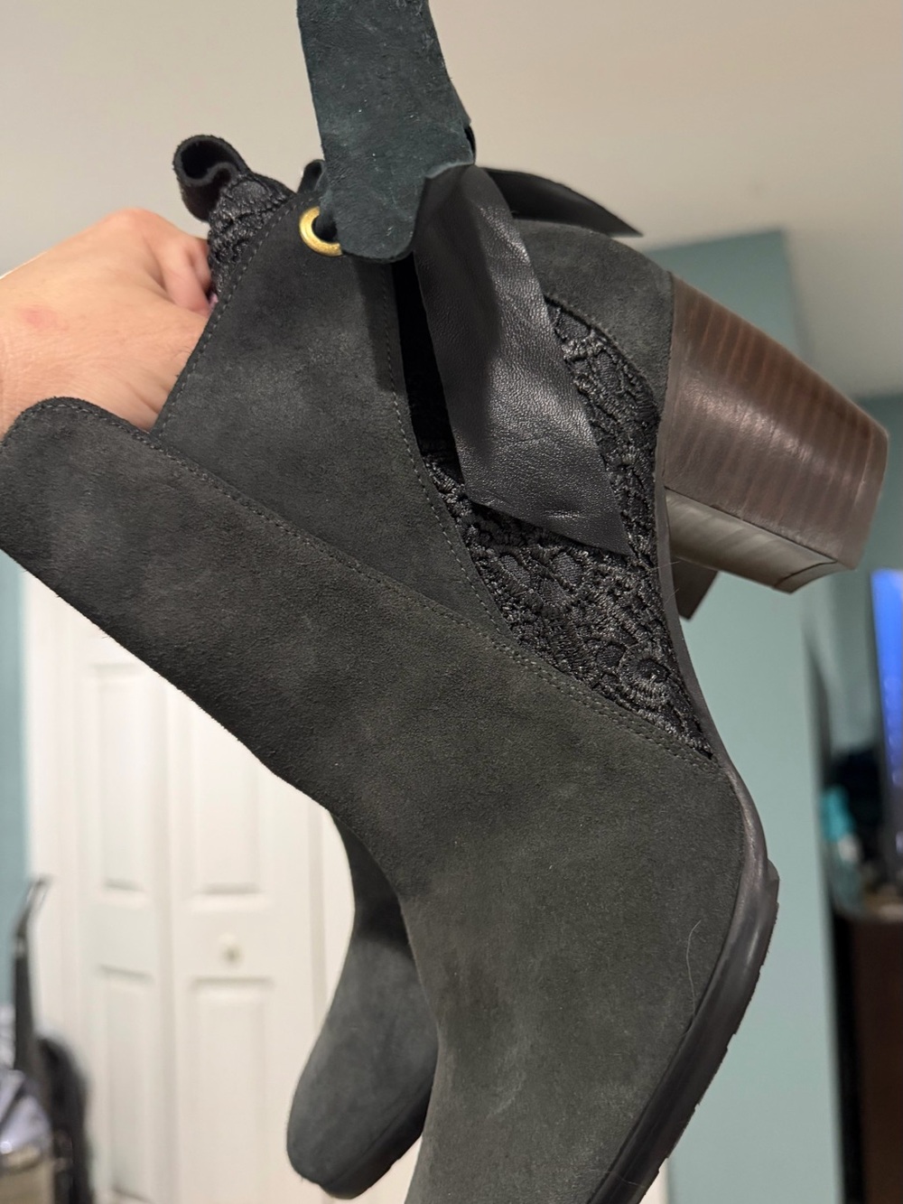 Sundance Black Suede Ankle Booties with Lace Side Panel